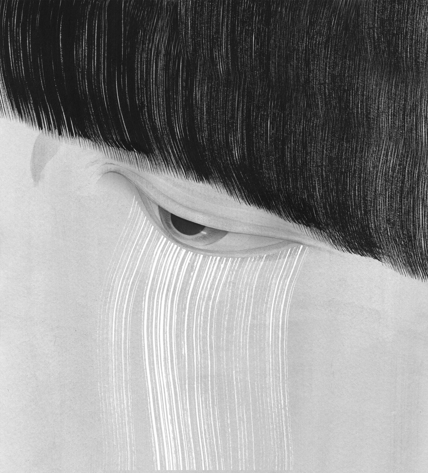 Tears — ink illustration of an eye weeping fine white lines